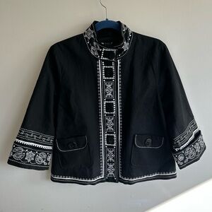 Carole Little 100% Linen Black Jacket w/White Boho Embroidery size M Artsy Chic